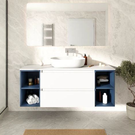 Mobile bagno sospeso 120cm due cassetti con top bianco opaco e due vani a giorno alby blue Hexa (1/4)