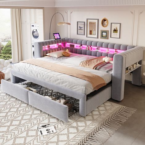 Cama extensible 90/180×190 cm de terciopelo gris claro con LED, USB y almacenaje (1/5)