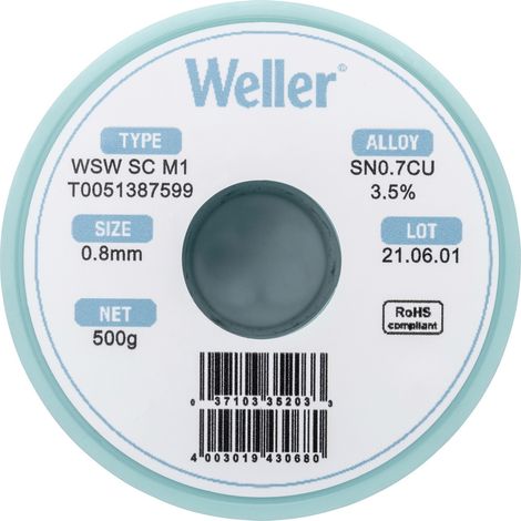 Étain à souder sans plomb Sn0,7Cu 0.8 mm Weller WSW SC M1 bobine 500 g