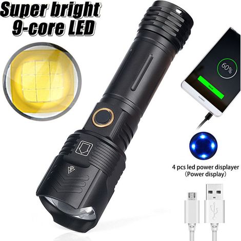 Linterna LED recargable 0XHP100 de 12000 lúmenes, súper potente, táctica, con zoom, 5 modos, portátil, alimentada por USB, para exteriores y camping.