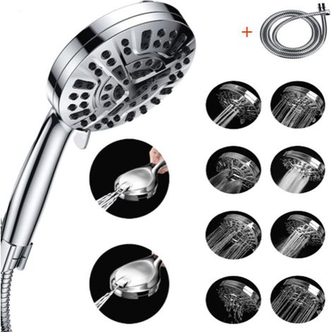 Pomme de douche haute pression, 8 positions de douche + 2 jets puissants, pomme de douche amovible de 12,7 cm avec flexible et support en acier inoxydable.