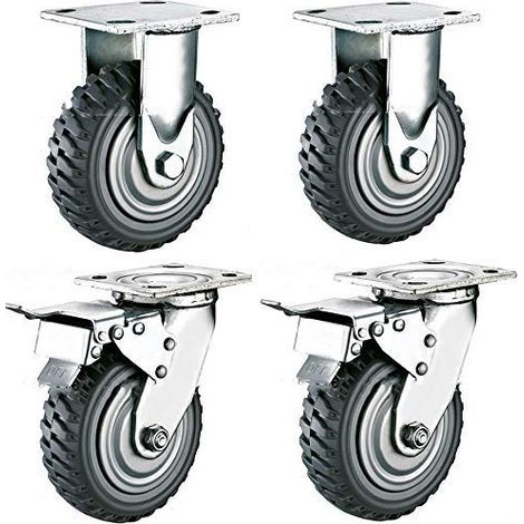 4er-Set Schwerlast-Lenkrollen, 150 mm, mit 360°-Drehbremse, Vollgummi, pneumatisch, Tragfähigkeit 900 kg, (2 Bockrollen + 2 Bremsrollen) (1/5)
