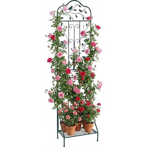 COSTWAY Treillis de Jardin en Métal 189,5x50 cm, Clôture Décorative pour Plante Grimpante avec Étagère Pliable Dispositif Anti-Basculement Piquets, Grille Fleurs pour Jardin Cour Patio (Vert) (1/5)