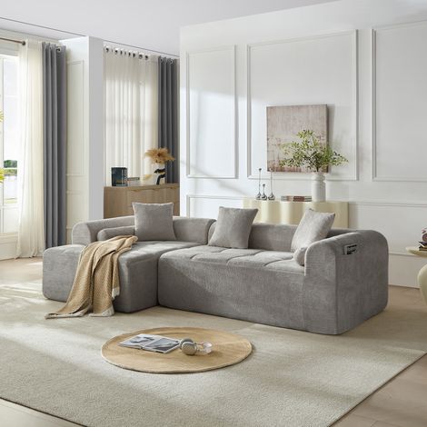 Canapé d'angle gris clair en tissu chenille doux, 263 cm de large, compressé et emballé sous vide pour une livraison facile (1/5)