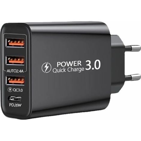 Chargeur rapide USB 3.0 avec câble USB-C, chargeur mural rapide QC 3.0 30 W/6 A à 4 ports, adaptateur secteur USB multiple universel pour Samsung Galaxy S (1/5)
