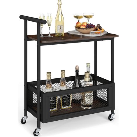 Table d appoint roulante marron en bois et métal avec 2 niveaux, panier en maille et poignée, pour salon, cuisine et chambre (1/5)