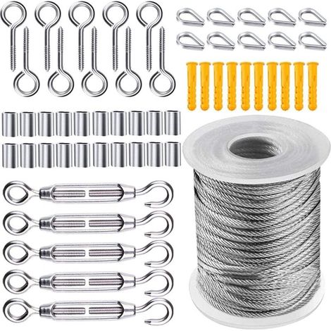 Kit de Câble Métallique 50m, Cable Acier Jardin Tendeur, Corde en Acier Inoxydable à Suspendre Kit, Câble en acier inoxydable revêtu de Nylon pour Corde à Linge Corde de Tente, 56 Pièces (1/5)