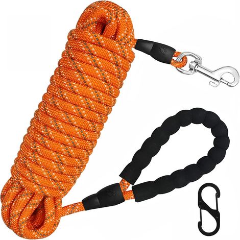 Laisse de dressage pour chien de 10 m, 20 m ou 30 m de long, en nylon réfléchissant avec poignée confortable, idéale pour la randonnée, le camping et les promenades (orange). (1/5)
