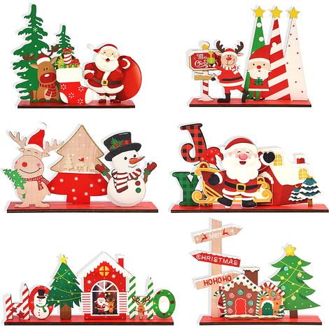 Décoration de Noël en bois, Lot de 6 modèles, Cabane bonhomme de neige, Sapin renne, Panneau biscuit, Traîneau JOY, Chaussette cadeau, Intérieur (1/5)