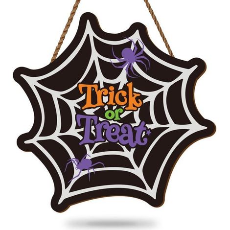 Panneau en bois à suspendre « Trick or Treat » en toile d'araignée pour Halloween – Couronne de bienvenue effrayante pour porte (1/5)