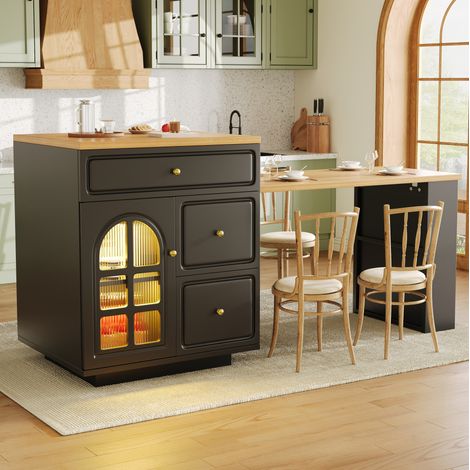 Isola cucina allungabile 122,5-195,5 cm con illuminazione a LED RGB, 4 cassetti, vetrina, MDF - nera (1/5)