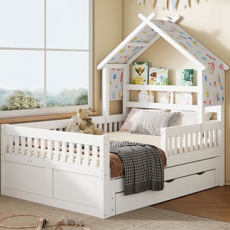 Plateforme bois lit maison 140x200 cm, avec lit rabattable, 3 tiroirs, barrières sécurité, blanc