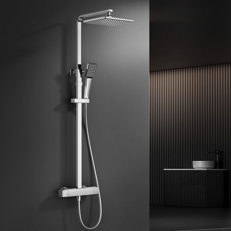 Duschsystem mit Thermostat verchromt, Duscharmatur Edelstahl Regendusche mit Armatur, Duscharmatur Komplettset mit Regendusche Duschkopf, Verstellbarer Duschstange, Duschset (1/5)