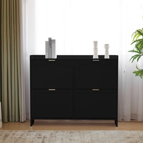 Moderner Schuhschrank, mit 4 Klappenfächern, freistehendem Schuhregal, offenen Ablageflächen, geeignet für Eingangsbereich oder Flur, Schwarz, Maße: B110/H90/T24 cm(OLD SKU:N657P201550B) (1/5)