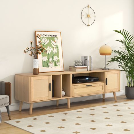 Rattan-TV-Schrank, TV-Aufbewahrungseinheit mit 2 Türen und 1 Schublade, Beine aus Massivholz, 180 x 40 x 54 cm