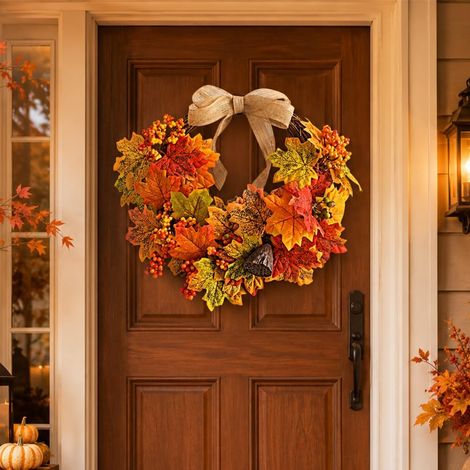Couronne porte automne 45 cm, feuilles, baies, entrée, mur, fenêtre, déco, jaune, Halloween (1/5)