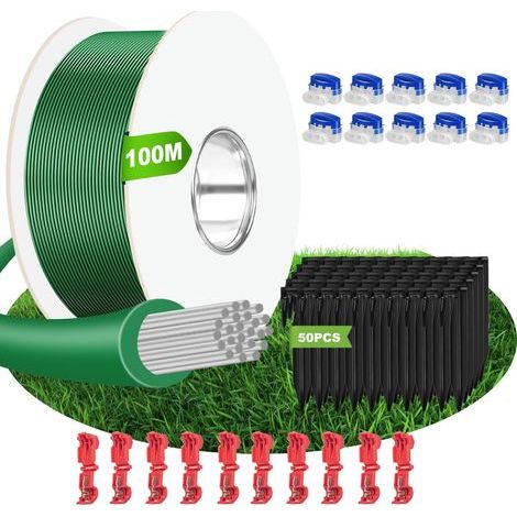 Cable Robot Tondeuse 100M + 50 Piquets + 10 Connecteurs de Câble + 10 Bornes de Connexion, Fil pour Robot Tondeuse, Câble pour Robots Tondeuses Compatible avec Gardena/Bosch/Worx/Yard Force etc (1/5)