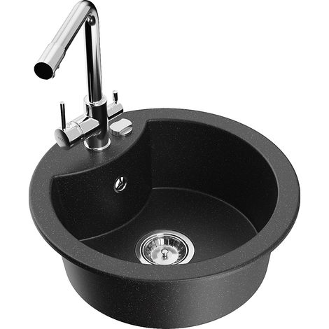 Mexen Diego fregadero de cocina de granito de 1 seno con grifo Duero, negro/metálico plateado - 6512-73-671600-00 (1/5)