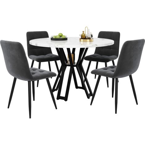 Ensemble table à manger 5 pièces ronde 100 cm avec 4 chaises en velours gris, plateau effet marbre blanc, pieds noirs réglables et structure métal, pour cuisine moderne CHICFURN (1/5)