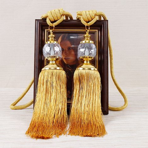 Attache Rideau - Pompon à Franges en Cordon - Jaune - 32 cm (Franges) + 34 cm (Cordon) - Pour Chambre Salon Bureau - Lot de 2 (1/5)
