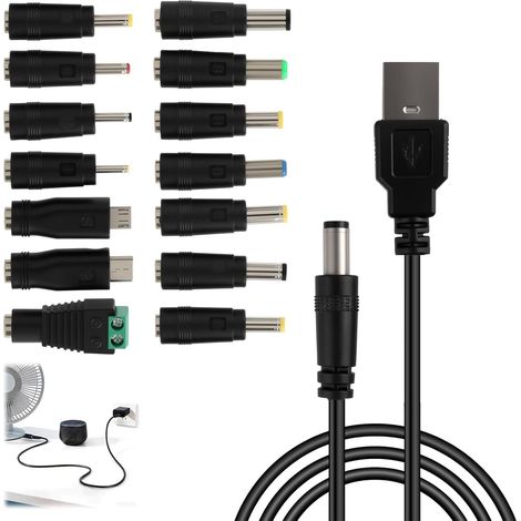 USB to DC Plug Cable, 14-in-1 USB to DC Adapter Cable, Multi-Plugs USB A to DC for Lawn Mower, Router, TV Box, LED, Mini-USB, Micro-USB and Type-C, USB A Cable (1/5)
