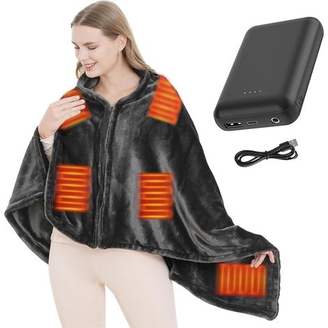 Couverture chauffante sans fil avec batterie 180 x 90 cm, couverture chauffante électrique avec batterie et 3 niveaux de chauffage, couverture chauffante en flanelle lavable, double face