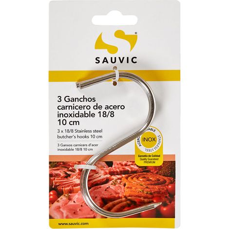 Blister da 3 ganci da macellaio, lunghi 10 cm e spessi 4 mm, realizzati in acciaio inox 18/8.