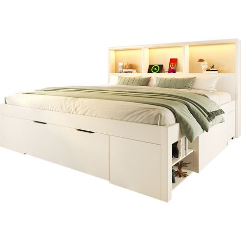 Doppelbett mit Stauraum 140 x 190 cm, 2 Bewegliche Nachttische, Schublade, LED und USB Type-C, ohne Matratze (1/5)