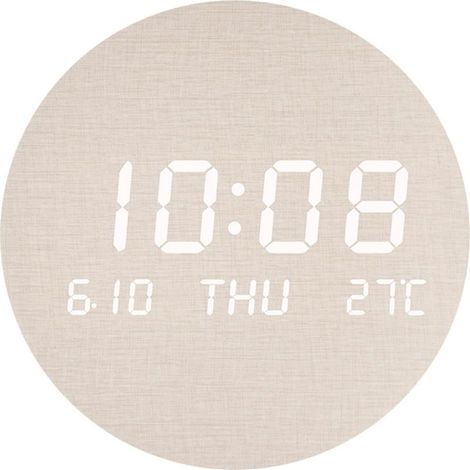 Horloge murale numérique avec aspect bois qui affiche l'heure, la date, le jour de la semaine, la température °C/°F, 12/24 h pour chambre et bureau (1/5)