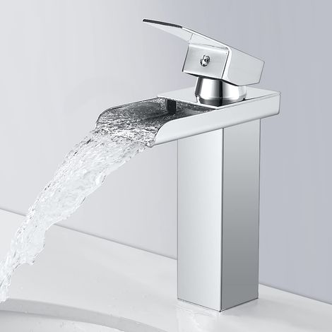 Robinet Salle de Bain Moderne Cascade Chromé,Mitigeur Lavabo Bec Hauteur 140mm,Laiton,Eau Froide et Chaude,G 3/8 (1/5)