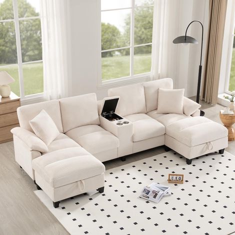 Canapé 4 places en U spacieux avec rangement, velours côtelé, porte-gobelets et 2 ports USB. Idéal pour salon, chambre et appartement. (1/5)