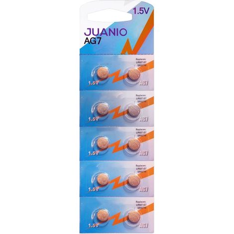 Lot de 10 Piles bouton plates type AG7/G7 1,55V compatibles LR927, LR57, 395, 399, SR57, SR927, V395, V399 - Juanio - (1/2)