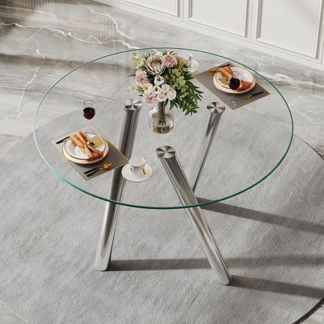Table de salle à manger ronde de 89 cm en verre trempé avec des pieds robustes en métal argenté, de haute qualité pour une utilisation à long terme