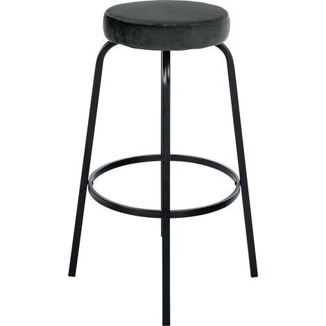 Sgabello da bar con poggiapiedi in velluto grigio scuro base in metallo nero opaco con quattro gambe 100005804
