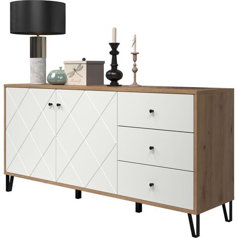 Buffet Commode Meuble TV Salon Tactile Taille d'assemblage (LxHxP) 183 x 76 x 40 cm Couleur chêne Artisanal avec Blanc 210287207 (1/5)