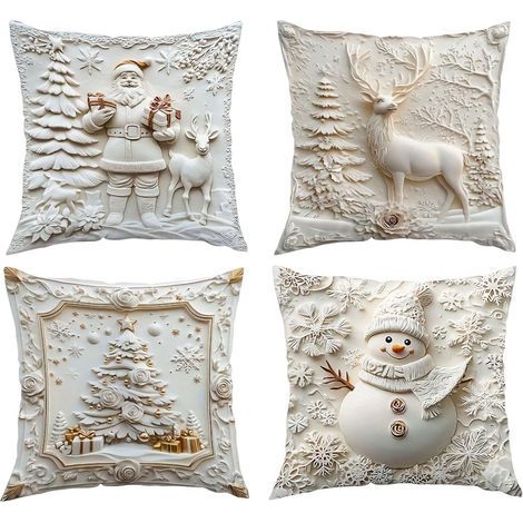Housses de Coussin de Noël 40 x 40 cm Lot de 4, Taies Douces 3D, Motifs Père Noël Renne Sapin, Déco Hivernale pour Canapé Chambre (1/5)