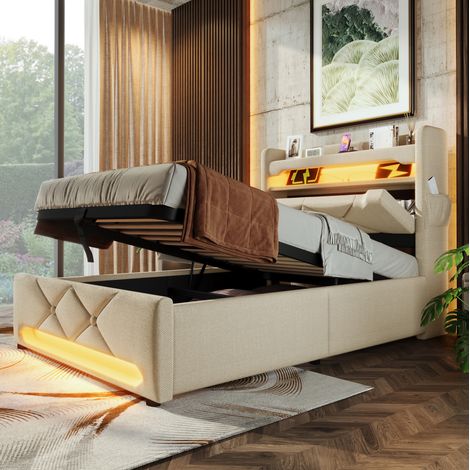 MEUBLIV Letto 90x200 cm beige – testiera USB, LED e contenitore, con materasso (1/5)
