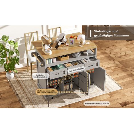 Comptoir de cuisine moderne (118×43 – 80×98 cm). Meuble de cuisine avec motif en bois. Étagère à roulettes, dotée d’un espace de rangement multifonctionnel. (1/5)