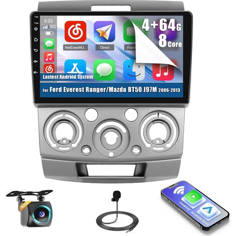 8 Cœurs Autoradio pour Ford Everest Ranger/Mazda BT50 4G+64G Android, 9'' Écran Tactile avec sans Fil Carplay Android Auto Lien Miroir Radio FM/RDS 32 EQ/DSP WiFi Bluetooth GPS 59 UI SWC (1/5)