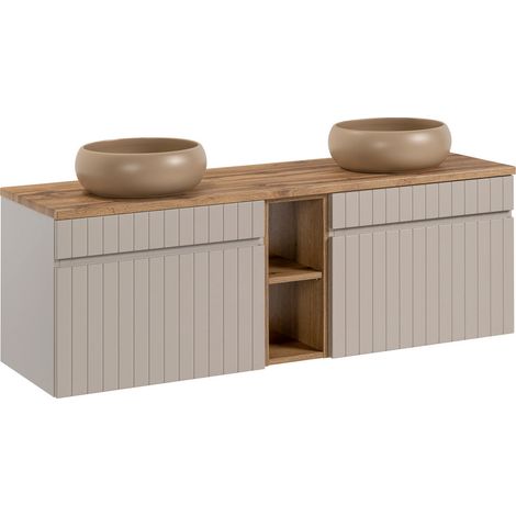 Double meuble sous vasques suspendu ICONIC cachemire 140 cm avec plan, l'extension chêne et 2 vasques WIKI