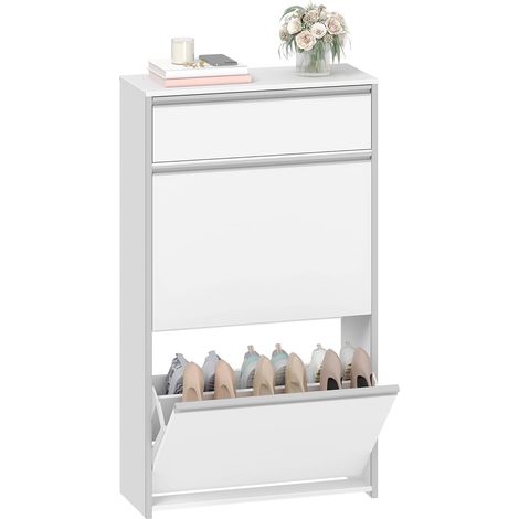 Meuble à Chaussures Étroit avec 2 Battants, Étagère à Chaussures avec Tiroir, Meuble à Chaussure, Séparateur Réglables, 8 à 12 Paires, pour Couloir, Entrée, Blanc-Argent (1/5)