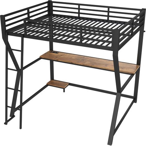 Letto a soppalco 140 x 200 cm in metallo e MDF nero con LED, scrivania, presa e porte USB (1/5)