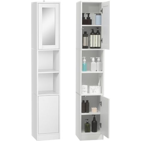 Colonne de Salle de Bain Gain de Place en Bois Blanc avec Miroir et Ouverture à Pression 30x28x170cm (1/5)