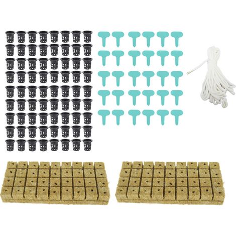 Pack of 72 rockwool cubes (2.5 cm) with 5.1 cm mesh pots for hydroponic growing systems. Good water absorption. (1/5)