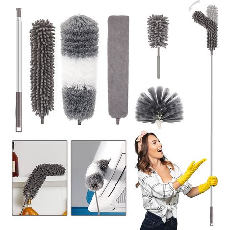 plumeau telescopique plumeau Microfibre Tete de Loup depoussierer Plafond Long Manche Extensible Flexible Nettoyage Hauteur Toile d’araignée kit Nettoyage Maison 5 pcs (1/5)
