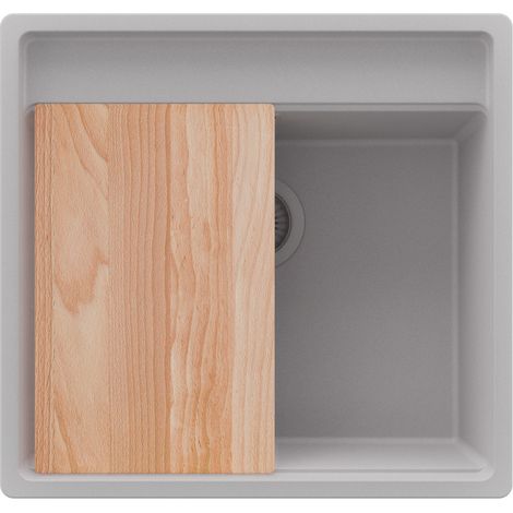 PRIMAGRAN Evier Cuisine en Granit 56x53cm,Lavabo 1 bac + Kit de Vidage + Planche à Découper, Évier à Encastrer au meuble 60cm - Bergen, Gris (1/5)
