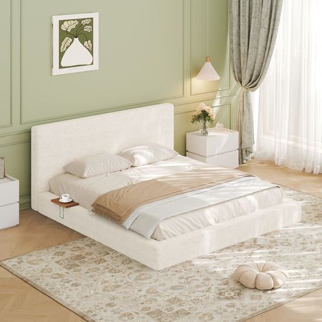 Lit Double Rembourré 180x200 cm, Cadre de Lit en Métal avec Tête de Lit et 2 Tablettes de Chevet Latérales Coulissantes - Blanc Cassé (1/5)