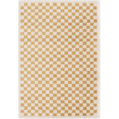 Alfombra interior shaggy damero amarillo mostaza y crema (1/5)
