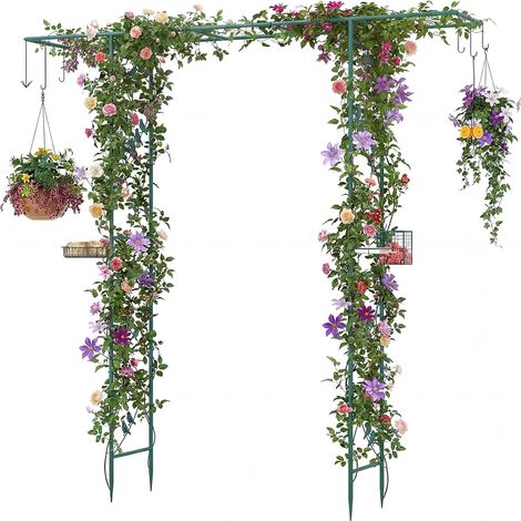 COSTWAY Pergolato a Arco da Giardino con Ciotola dAcqua, Vassoio a Rete, Alimentatore per Frutta Grassa, Ganci e Supportare Piante Rampicanti, Pergola da Esterno Decorativa (Verde) (1/5)