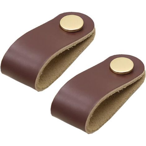 Set of 2 Brass and Dark Brown Leather Cabinet Door Handles, Length 65mm, with Screws, Suitable for Wardrobes and Kitchens (1/5)